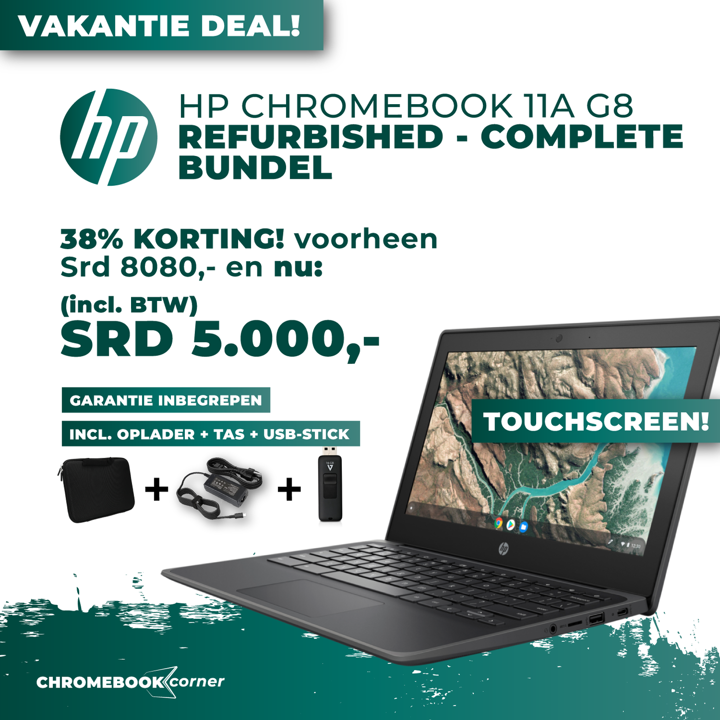 REFURBISHED HP TOUCHSCREEN Chromebook 11A G8 BUNDEL - Tas + Oplader + USB-Stick